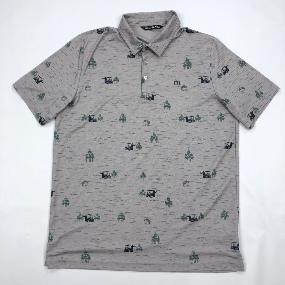 Travis Mathew Mens XL Gray Golf Camping Print Pima Cotton Blend Polo Shirt